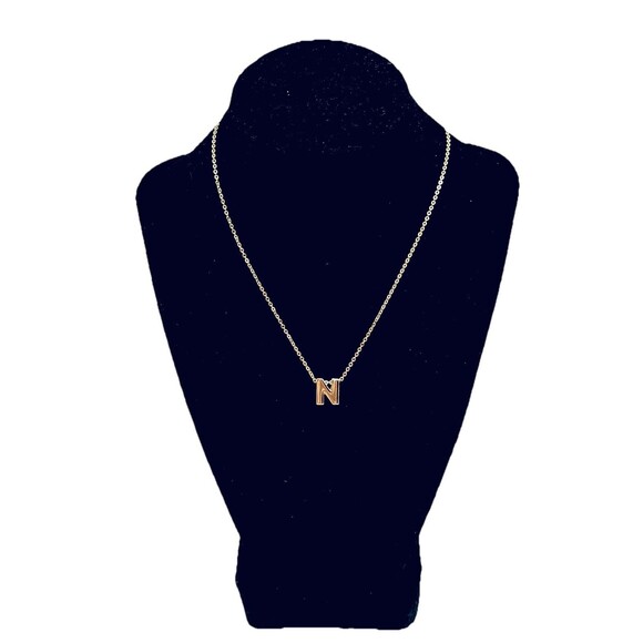 Vintage Initial Pendant Necklace Puffed Block Letter N Made in USA Gold Tone - Picture 2 of 4
